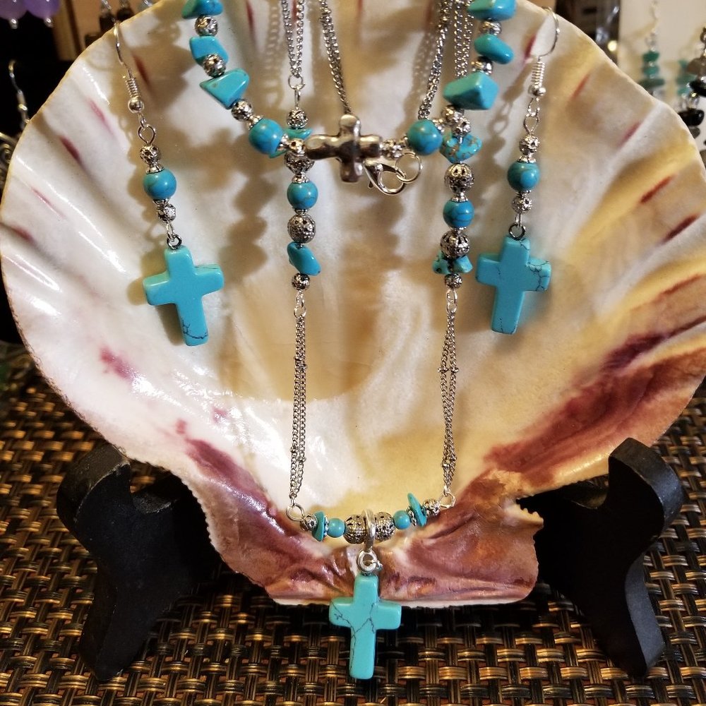 3pc Turquoise Dyed Howlite Cross Set